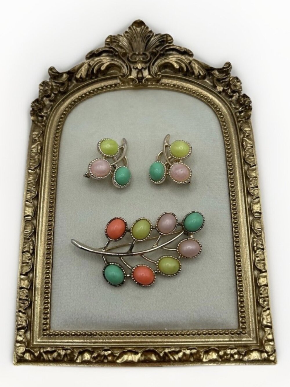 Vintage SARAH COVENTRY Brooch Earrings Set CANDY LAND Pastel  Easter Eggs Signed